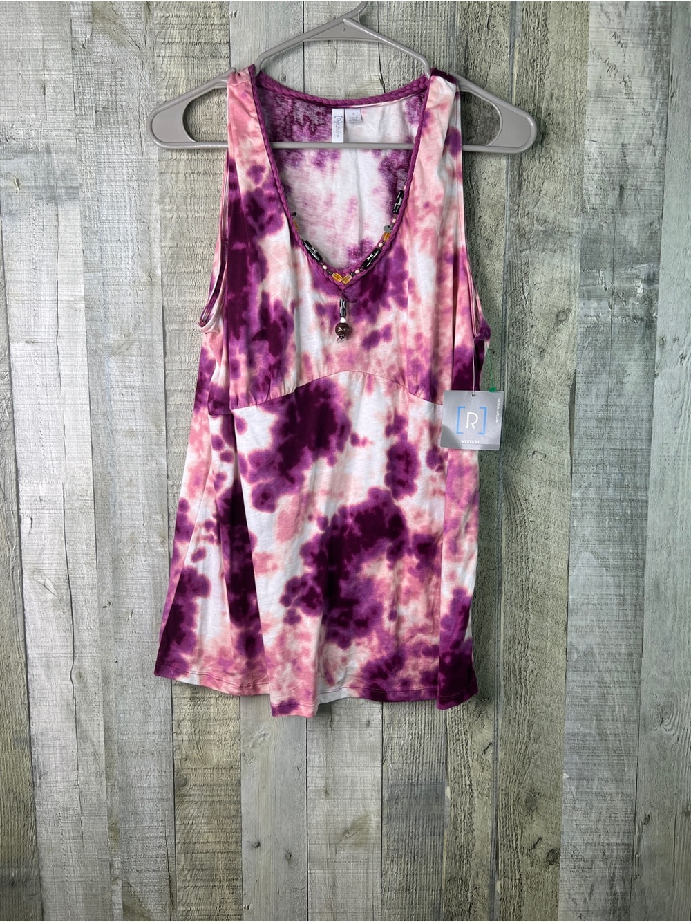 Relativity Size 1X Purple & White Tie Dye V-Neck Sleeveless Top